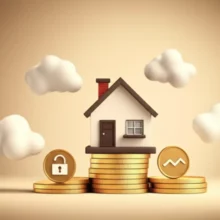 따뜻한-분위기의-3D-집-모형이-쌓여있는-금색-동전들-위에-놓여있고,-고정금리와-변동금리를-상징하는-작은-기호가-있는-이미지.-내-집-마련-주택담보대출-선택-시-금융-안정성을-표현합니다.