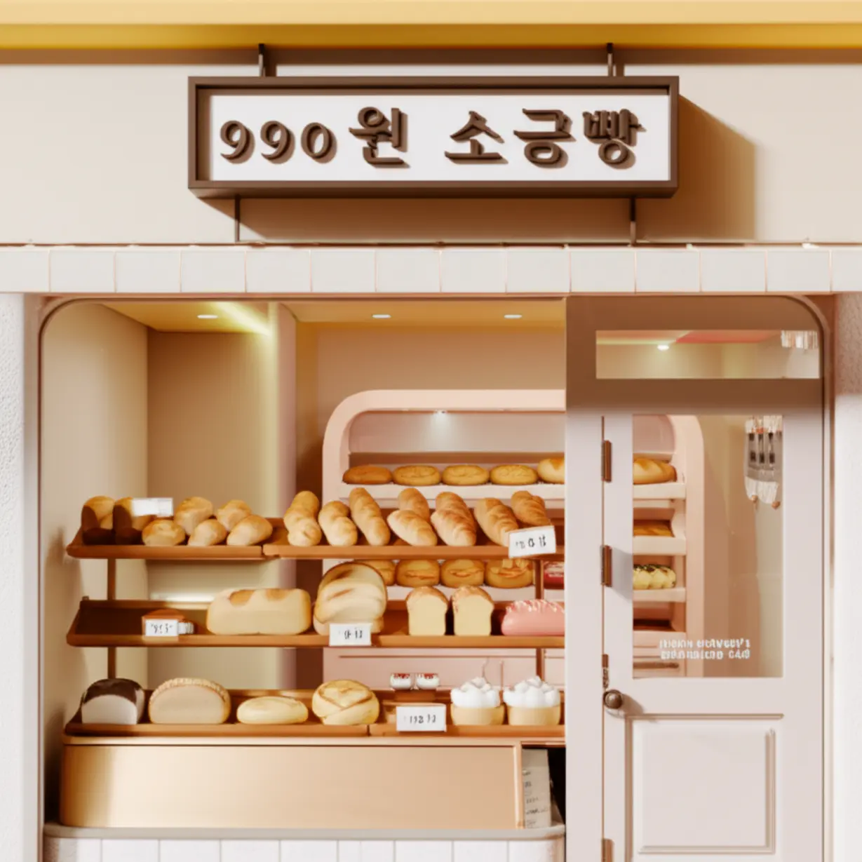 아기자기하고-따뜻한-느낌의-3D-슈카-빵집-팝업스토어-전경.-990원-소금빵-문구가-눈길을-끄는-이미지.