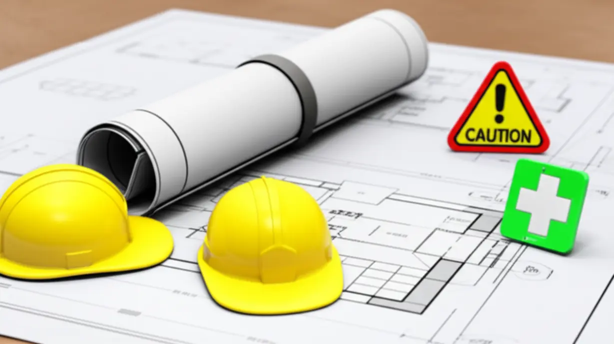 산업안전보건법을-상징하는-귀여운-3D-이미지.-잘-말린-청사진-위에-안전모,-주의-표지판,-구급상자-등-안전-아이콘들이-놓여-있어,-안전의-기본적인-계획과-준수를-강조합니다.-(산업안전보건법,-안전-기본)