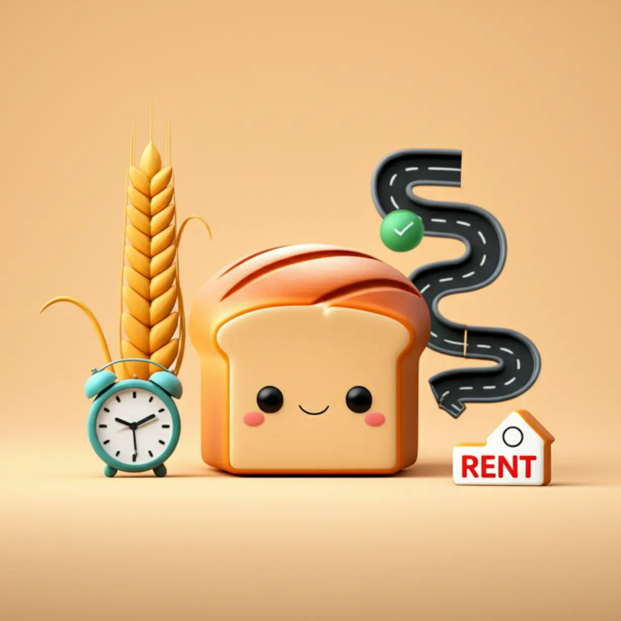 귀여운-빵-캐릭터를-중심으로-밀,-시계,-복잡한-길,-건물-아이콘이-둘러싼-3D-인포그래픽-이미지.-한국-빵값-상승의-구조적-원인들을-시각적으로-보여줍니다.