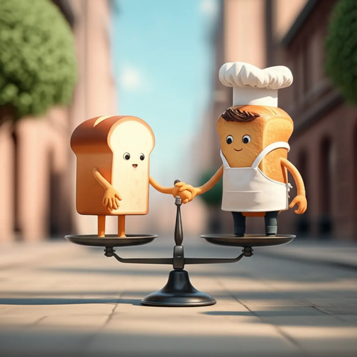 소비자와-자영업자를-상징하는-두-귀여운-빵-캐릭터가-균형-잡힌-저울-위에서-악수하는-3D-이미지.-빵값-안정화를-위한-상생과-협력의-중요성을-표현합니다.