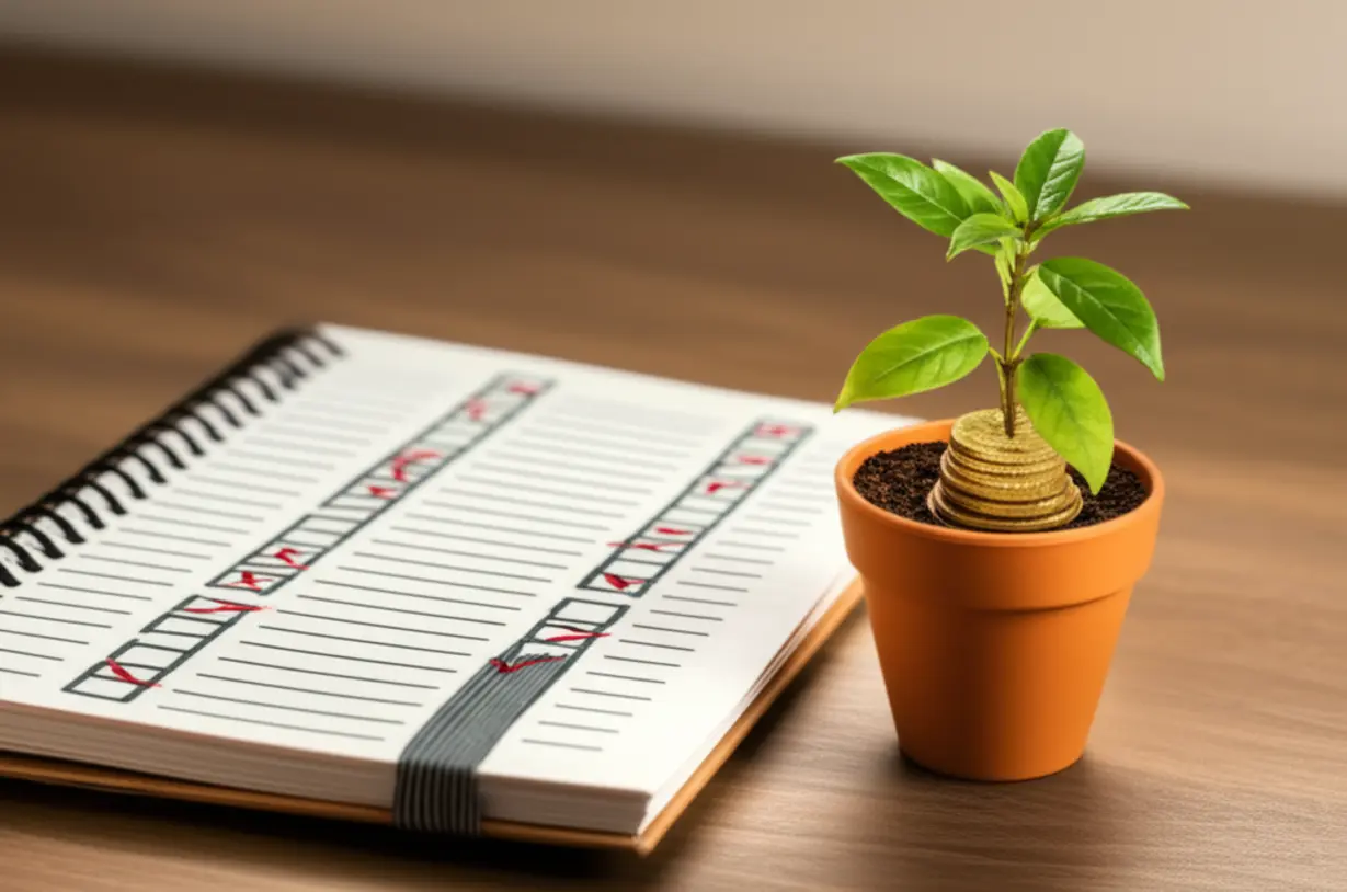 성공적인-은퇴-준비를-위한-퇴직금-관리-체크리스트와-성장하는-식물-이미지.-노후-재정-안정의-중요성을-상징합니다.