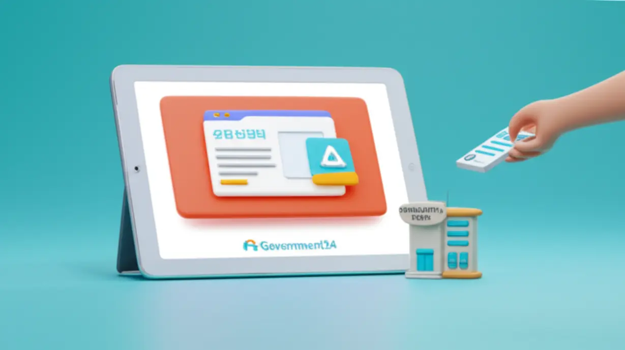 3D-정부24-화면과-주민센터-건물-모형,-발급되는-지방세완납증명서.-정부24-온라인-및-주민센터-방문-발급-과정을-친근하게-나타냅니다.