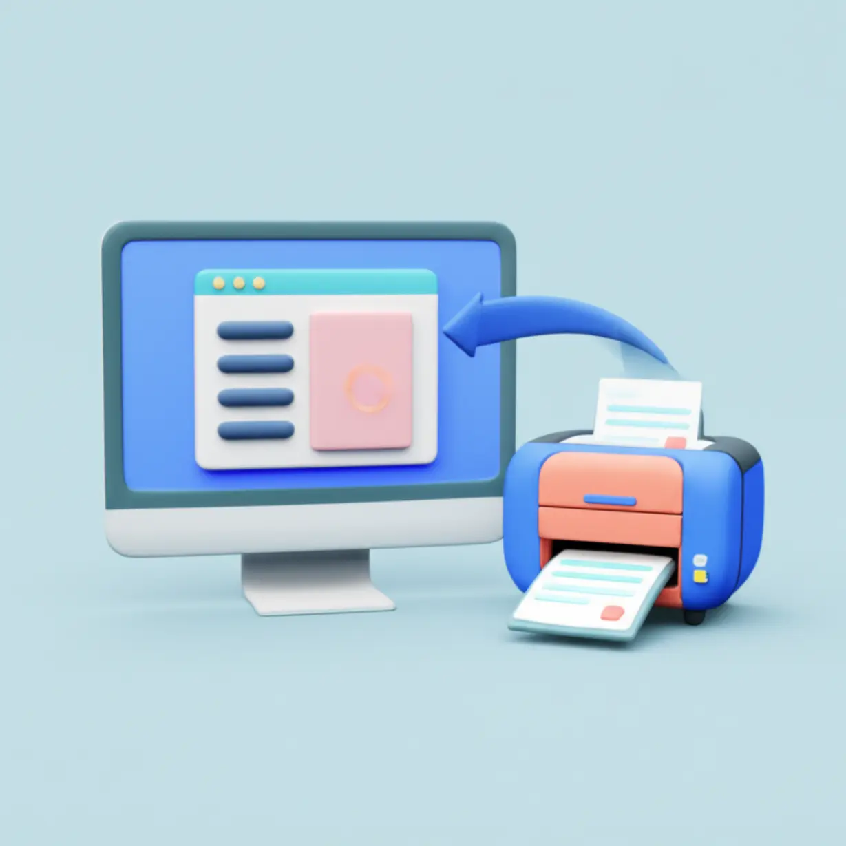 3D-홈택스-화면과-출력되는-국세완납증명서,-작은-프린터-모형.-홈택스를-통한-온라인-발급-과정을-쉽고-친근하게-표현한-이미지입니다.