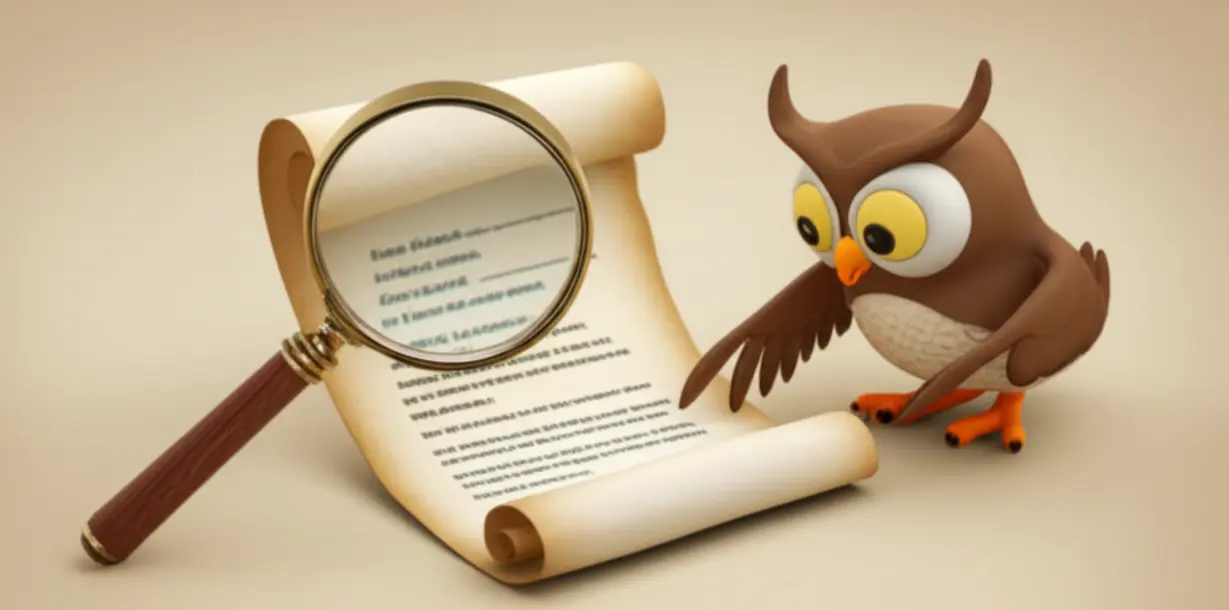돋보기가-계약서를-꼼꼼히-확인하고-지혜로운-부엉이가-조항을-가리키는-모습.-대형마트-상가-계약서-검토의-중요성을-강조합니다.