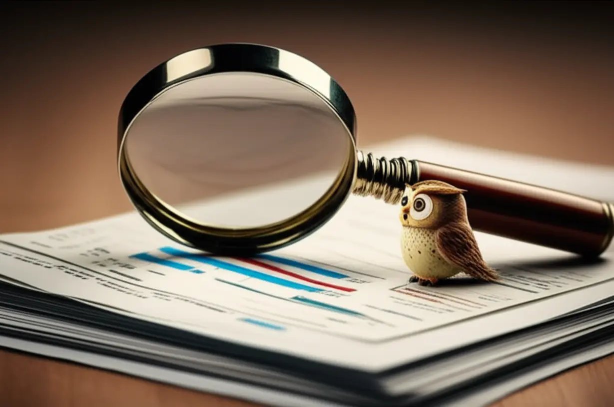 귀여운-3D-돋보기가-회사-서류-위에-놓여있고-부엉이-캐릭터가-이를-들여다보는-그림,-감사위원의-감시-역할-강화와-투명-경영을-상징합니다.