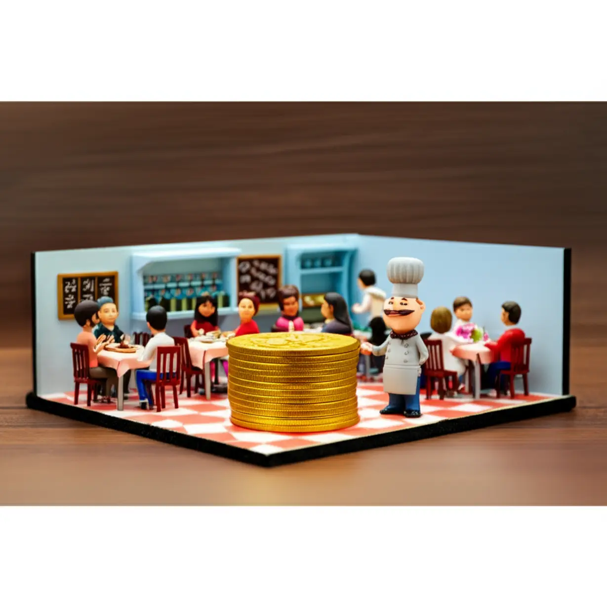 활기찬-미니어처-음식점-내부와-황금-동전이-쌓인-모습.-상가-권리금의-가치와-은퇴-후-창업-자산의-중요성을-나타냅니다.