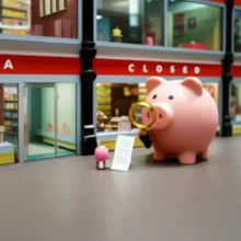 귀여운-3D-미니어처-대형마트-전경,-문-닫힌-상가와-걱정스러운-표정의-저금통이-계약서를-살펴보는-모습.-홈플러스-폐점-상가-권리금-회수-관련-고민을-상징합니다.