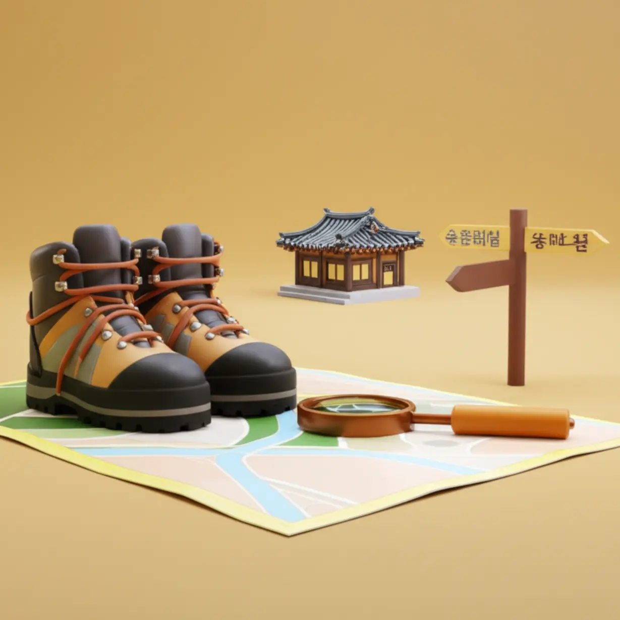 지도-위-돋보기와-등산화,-부동산-중개-사무실을-보여주는-3D-이미지.-현장-임장과-전문가-상담의-중요성을-나타냅니다.