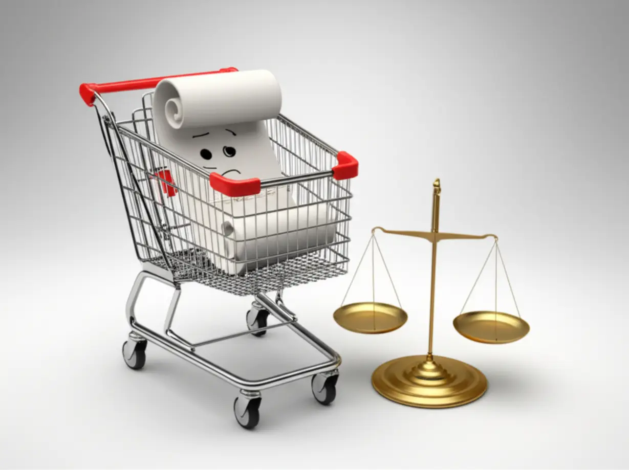 커다란-쇼핑-카트와-힘겹게-나오는-계약서,-한쪽으로-기운-법률-저울.-대형마트-상가-권리금-회수가-법적으로-어려운-상황을-보여줍니다.