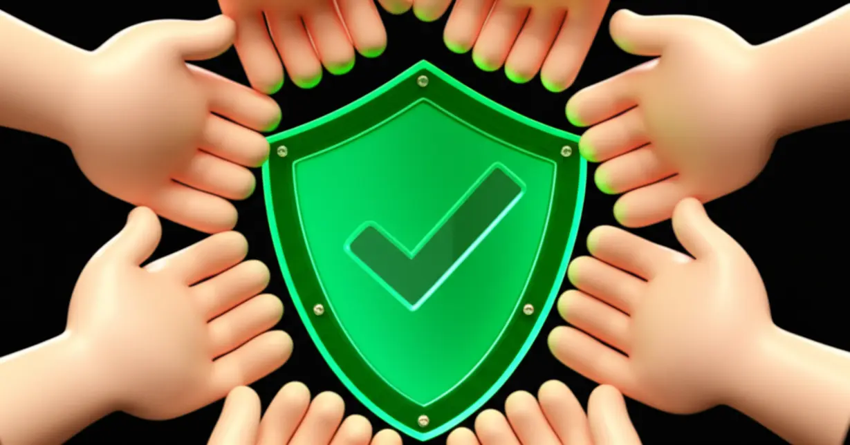 우리-모두의-안전-책임을-강조하는-귀여운-3D-이미지.-여러-개의-손들이-모여-빛나는-녹색-안전-방패를-함께-받들고-있어,-안전은-공동의-노력으로-지켜진다는-의미를-전달합니다.-(안전-책임,-행복한-일터)