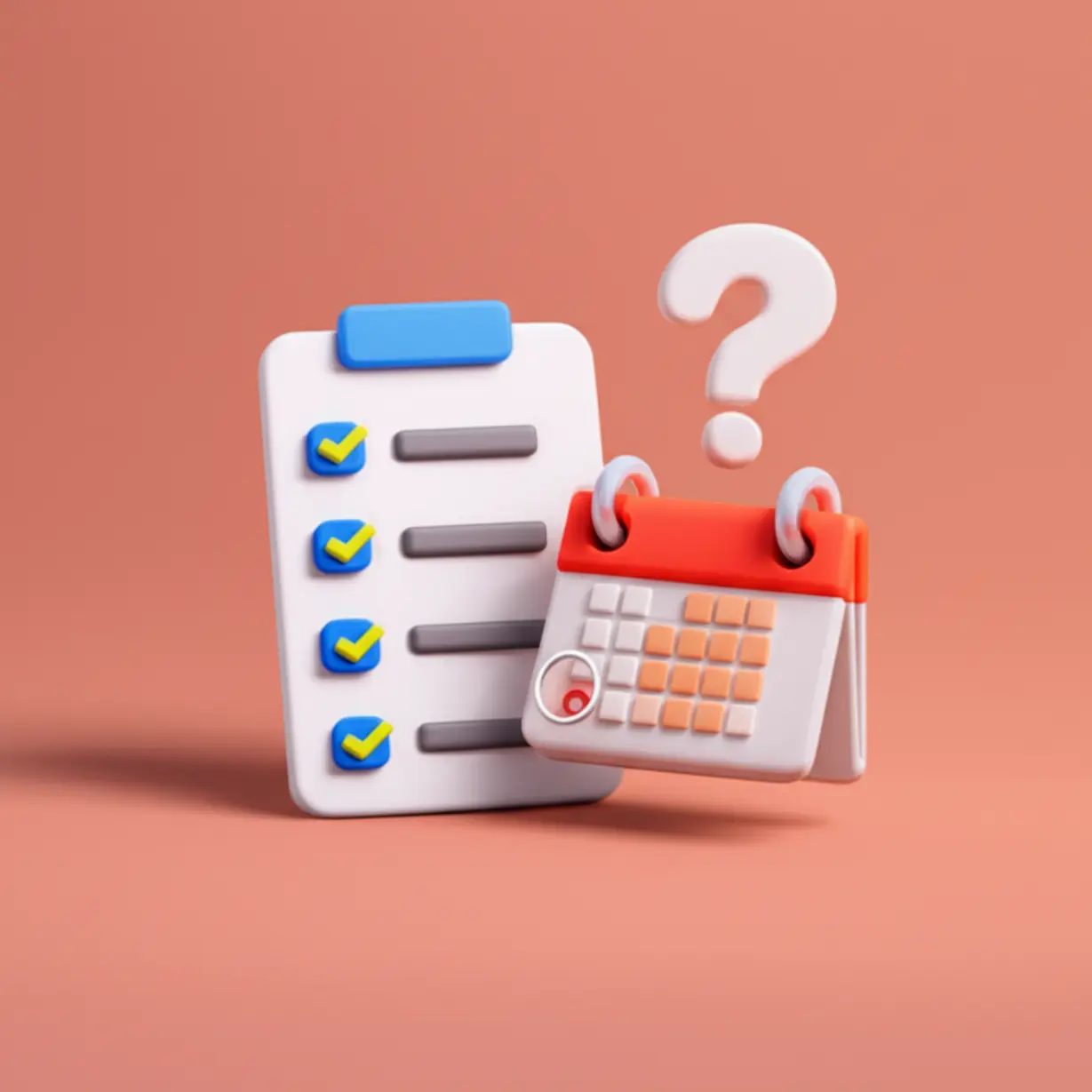 3D-체크리스트와-달력,-물음표-모형이-있는-이미지.-세금완납증명서-발급-시-유효기간-확인,-임대차-계약-유의사항-등-중요한-점들을-강조합니다.