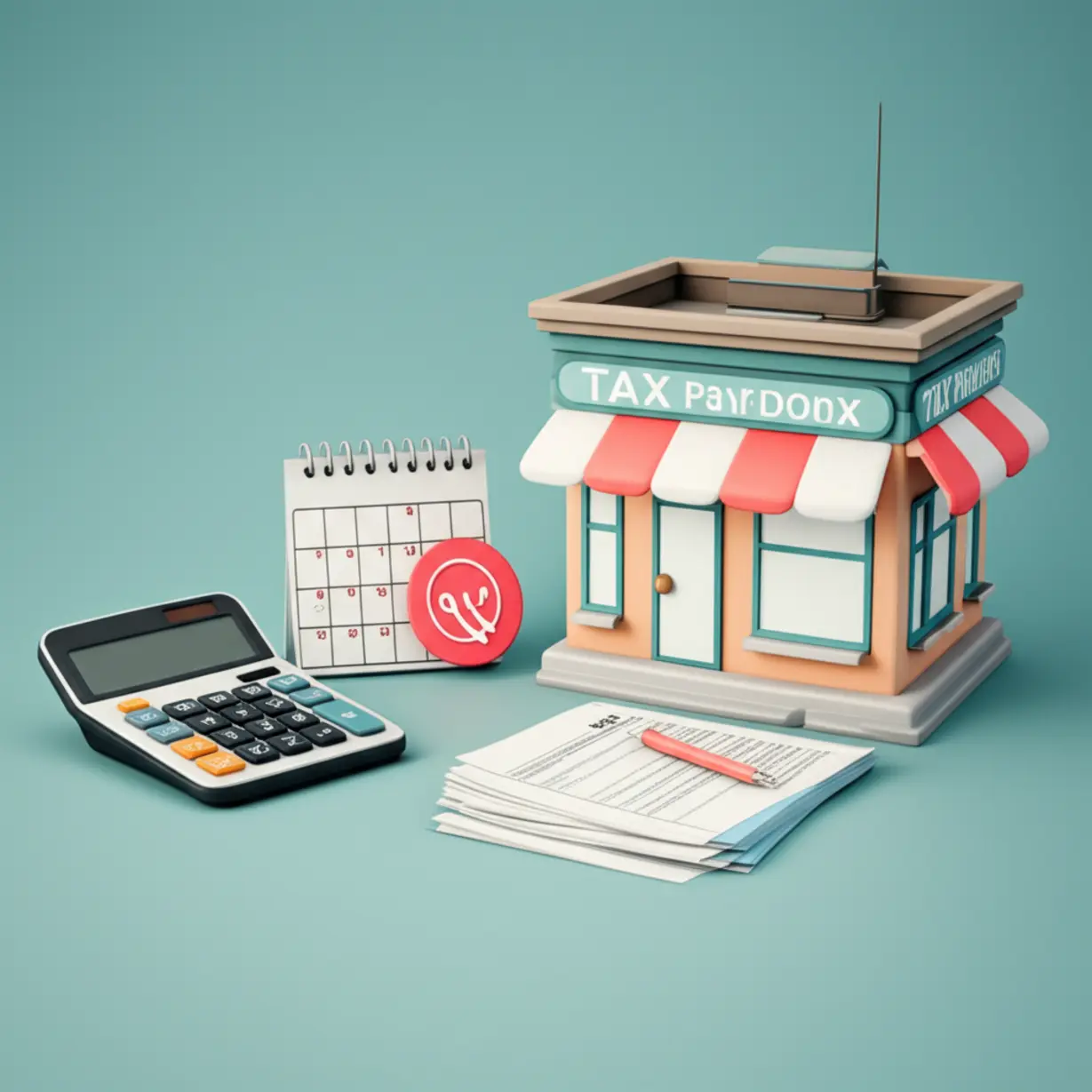 계산기와-세금-서류,-달력-그림이-있는-상가-건물-이미지.-상가-임대사업자의-부가세와-세금-관리를-설명합니다.