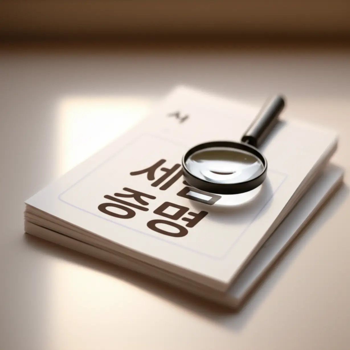 국세완납증명서-지방세완납증명서-같은-서류들이-깔끔하게-쌓여-있고-돋보기가-놓인-3D-이미지.-서류의-중요성을-친근하게-표현했습니다.