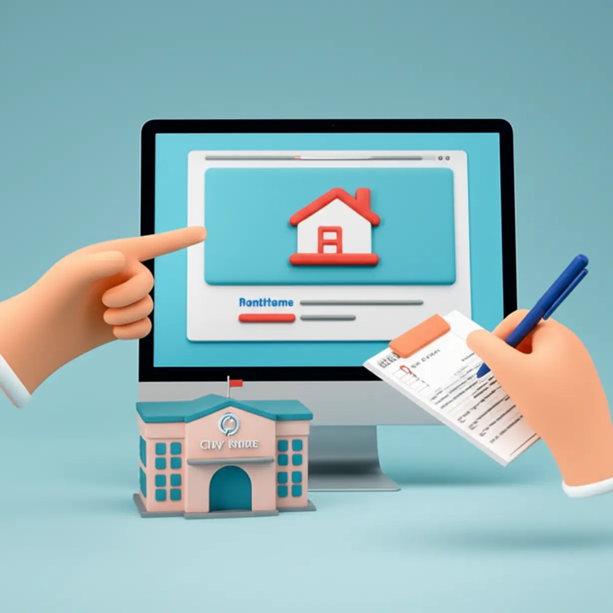 렌트홈-웹사이트가-보이는-컴퓨터-화면과-신청-서류,-시청-건물이-함께-있는-모습.-주택-임대사업자-등록-방법을-안내합니다.