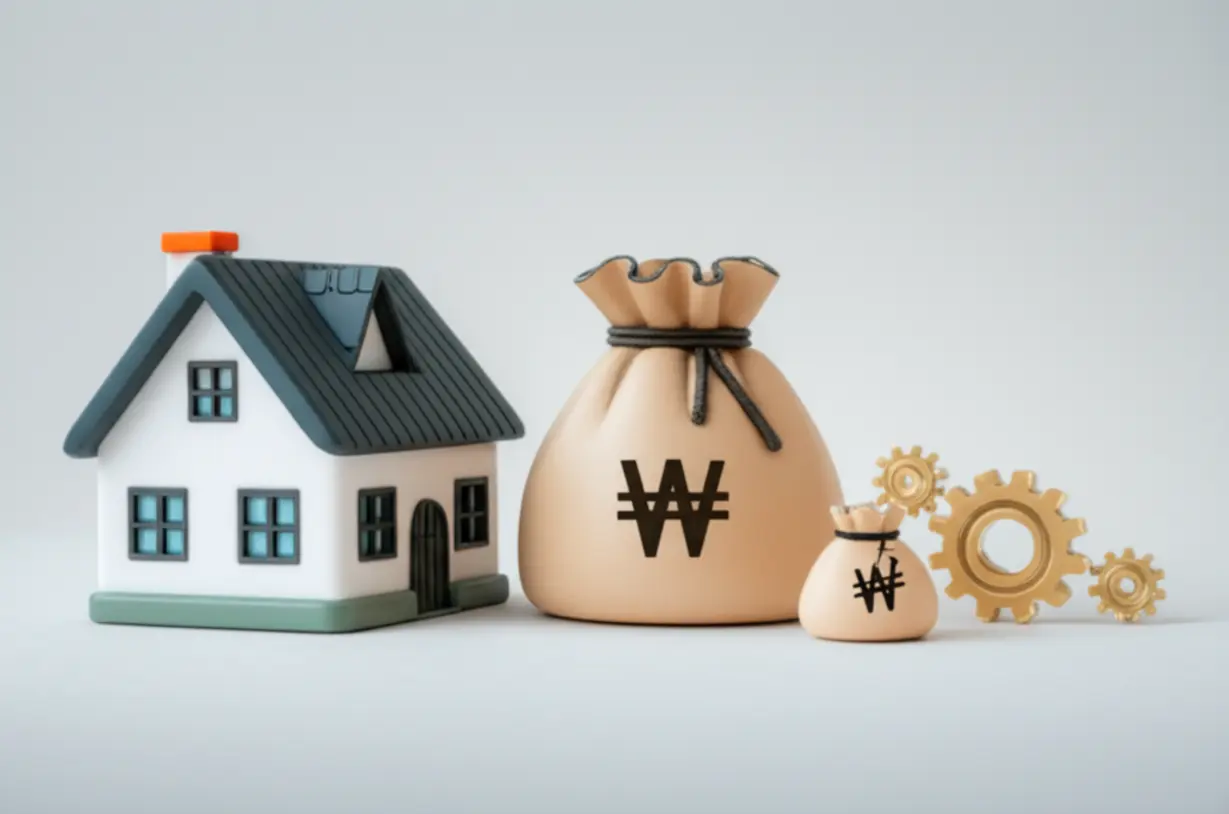 3D-작은-집,-돈주머니,-맞물린-톱니바퀴-모형이-함께-있는-이미지.-세금완납증명서가-부동산,-대출,-사업-등-다양한-곳에-활용됨을-시각적으로-보여줍니다.