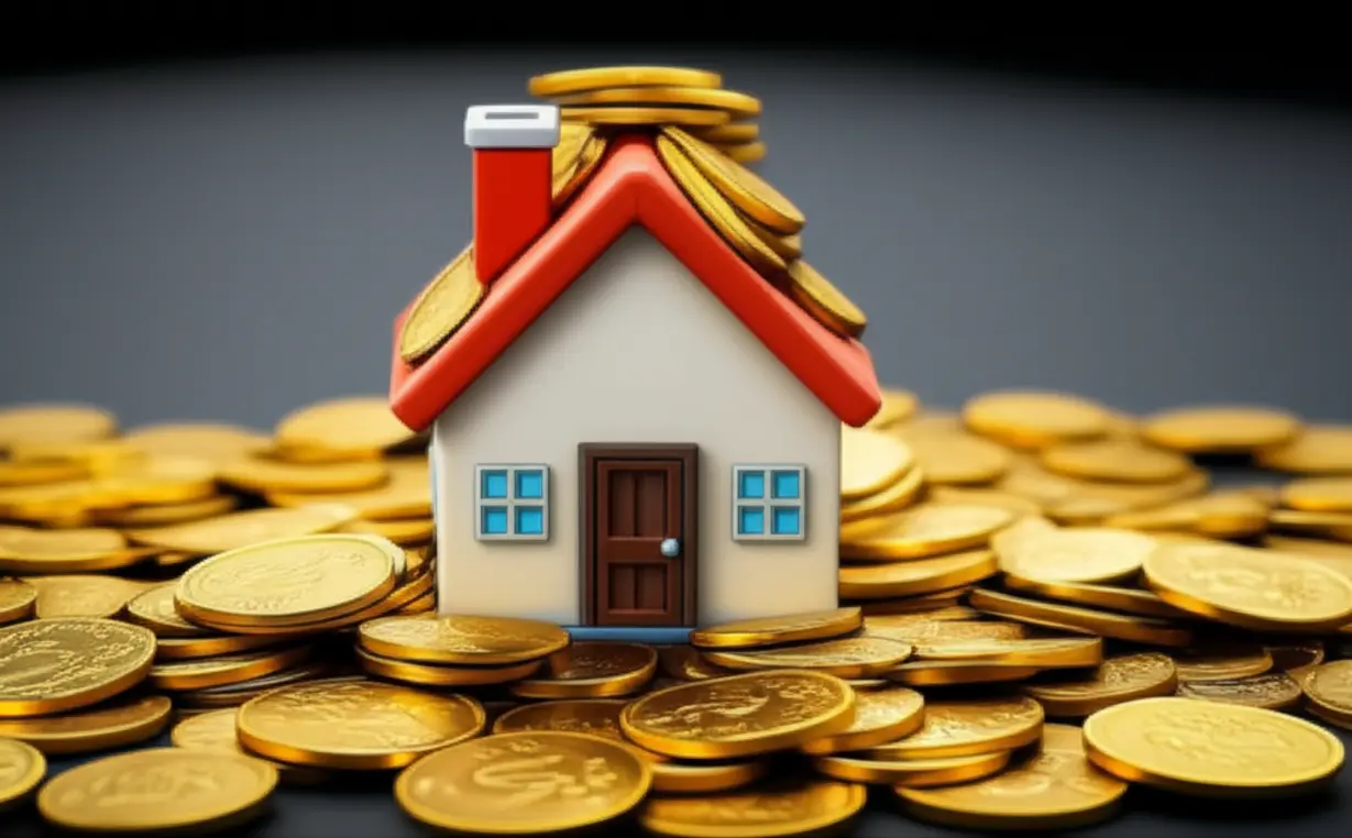 세금-부담을-상징하는-동전들이-쌓인-귀여운-3D-주택-모형.-양도소득세의-의미와-1가구-2주택-세금-부담을-시각적으로-보여줍니다.