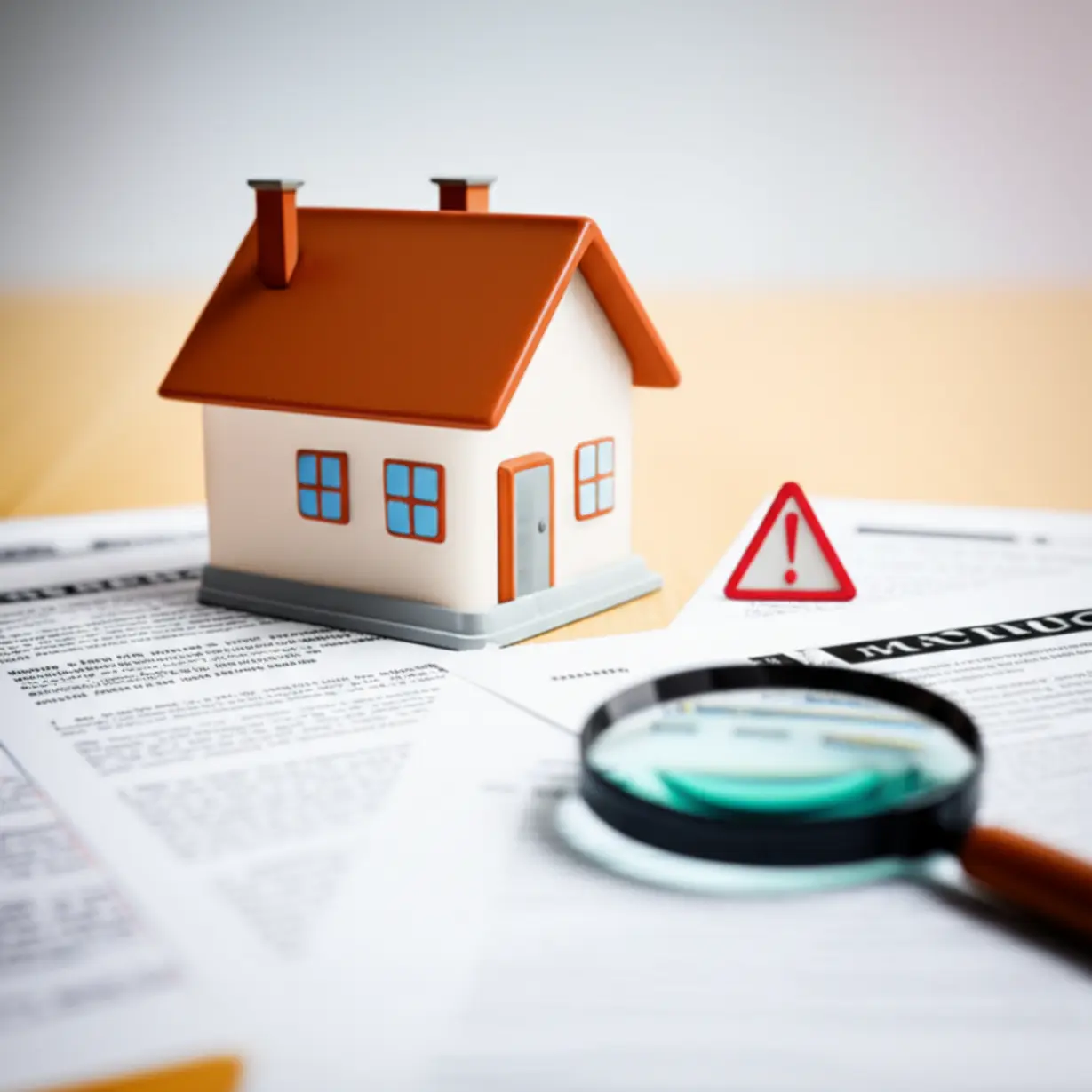 경고-표지판이-있는-귀여운-3D-주택-모형과-계약서를-살펴보는-돋보기.-양도세-절세-시-주의사항과-꼼꼼한-확인의-중요성을-나타냅니다.