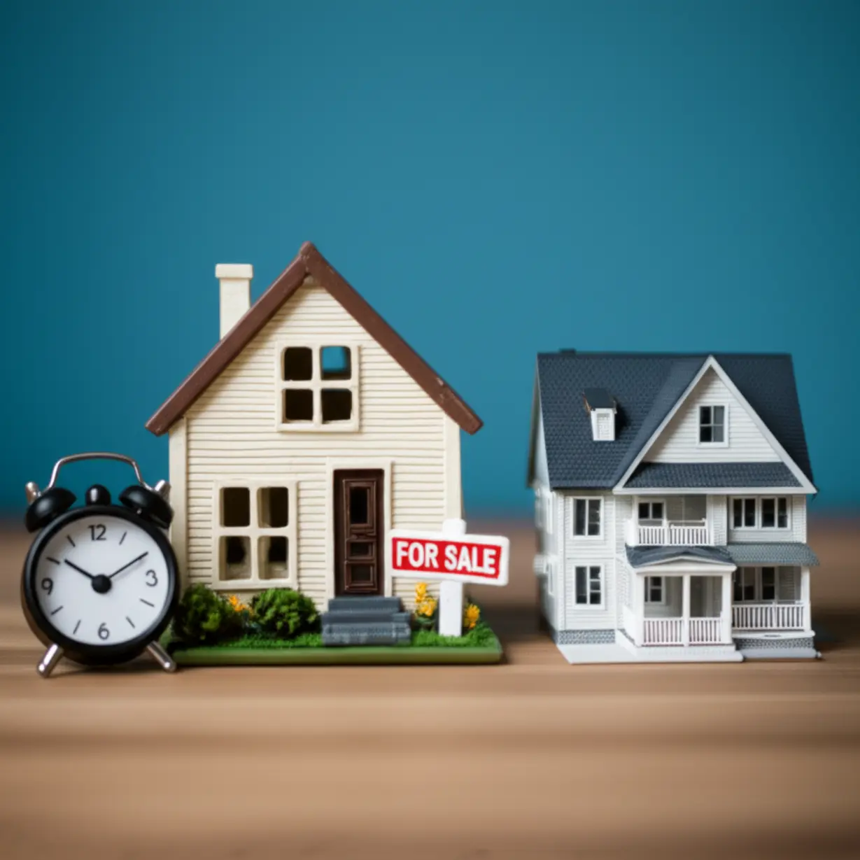 새-집과-팔리지-않는-옛-집을-나타내는-귀여운-3D-주택-모형.-일시적-2주택-비과세-조건-중-매도-시한을-강조하는-이미지입니다.
