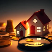 두-채의-귀여운-3D-주택-모형-옆에-세금-절약을-상징하는-동전과-돋보기가-놓여-있습니다.-1가구-2주택-양도세-면제-조건을-알기-쉽게-보여주는-이미지입니다.