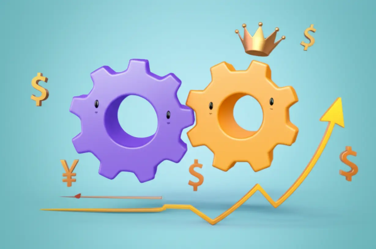 경영권-분쟁이-M&A-가능성으로-이어져-주가에-프리미엄이-붙는-효과를-설명하는-3D-일러스트.-서로-맞물리는-귀여운-톱니바퀴들이-인수합병과-가치-상승을-상징합니다.