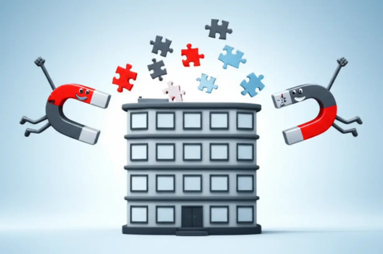 경영권-분쟁의-의미를-설명하는-이미지.-기업의-지배권을-놓고-주주들이-경쟁하는-모습을-귀여운-자석들이-건물을-끌어당기는-모습으로-표현한-3D-일러스트.