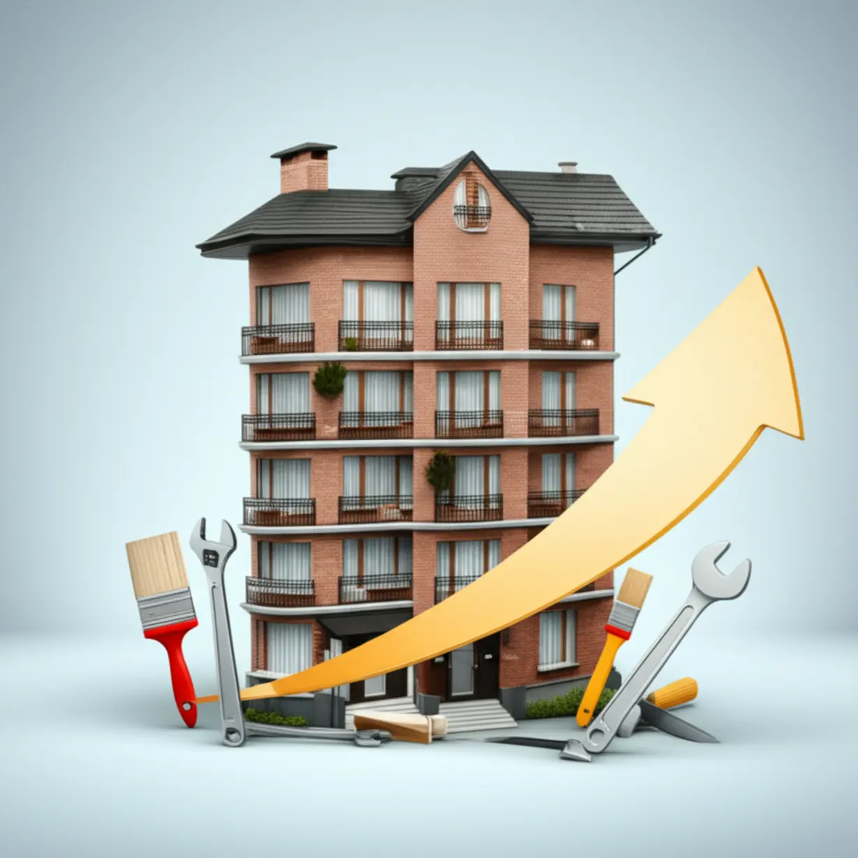 아파트-장기수선충당금-개념을-보여주는-귀여운-3D-이미지.-아파트-건물-주변에-망치,-렌치-등-수리-도구들이-놓여있고,-건물에-미래를-나타내는-화살표가-그려져-있어,-장기적인-관리비-적립과-재산-보호를-연상시킵니다.