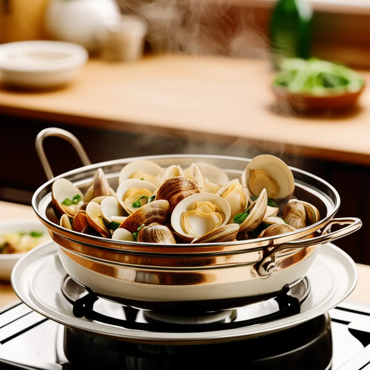 갯벌에서-잡은-동죽-조개로-만든-맛있는-술찜-요리.-가족의-수확물을-즐기는-모습.