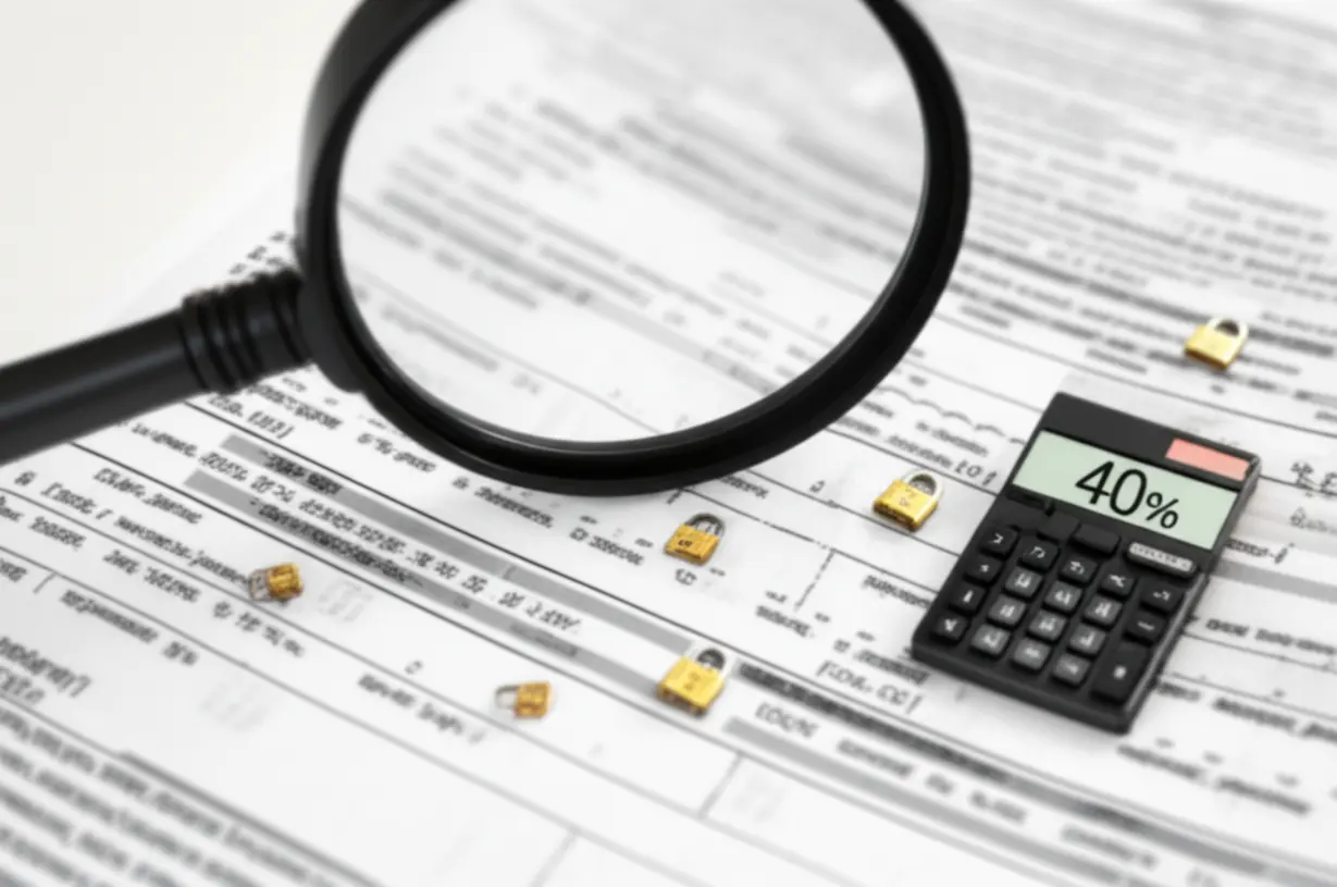 부동산-규제-강화를-상징하는-돋보기와-잠금장치,-LTV-40%를-보여주는-계산기-그림.-토지거래허가구역,-대출-제한-등-새로운-정책을-설명하는-귀여운-3D-이미지.