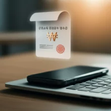 따뜻한-홈-오피스-배경에-빛나는-근로소득-원천징수-영수증과-스마트폰,-노트북.-홈택스-발급-방법을-상징하는-귀여운-3D-이미지.