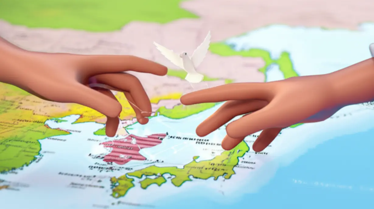 한미정상회담-대북-정책-합의의-희망찬-분위기를-표현한-귀여운-3D-이미지.-한반도-지도-위로-손이-맞닿아-평화를-상징하는-비둘기가-날아오르는-모습입니다.-대북주-향방.