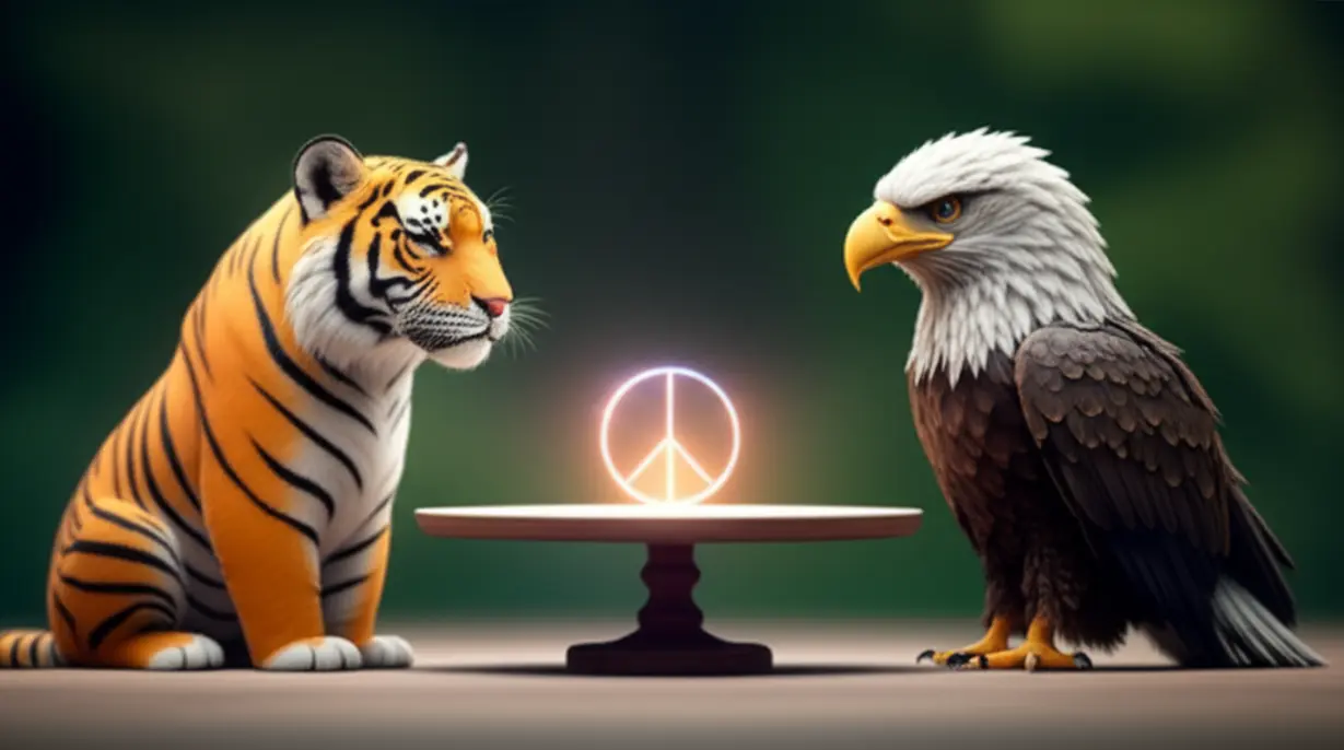 한미정상회담의-평화로운-분위기를-담은-귀여운-3D-이미지.-한국의-호랑이와-미국의-독수리-캐릭터가-테이블에-앉아-부드러운-대화를-나누는-모습입니다.-외교적-성과.