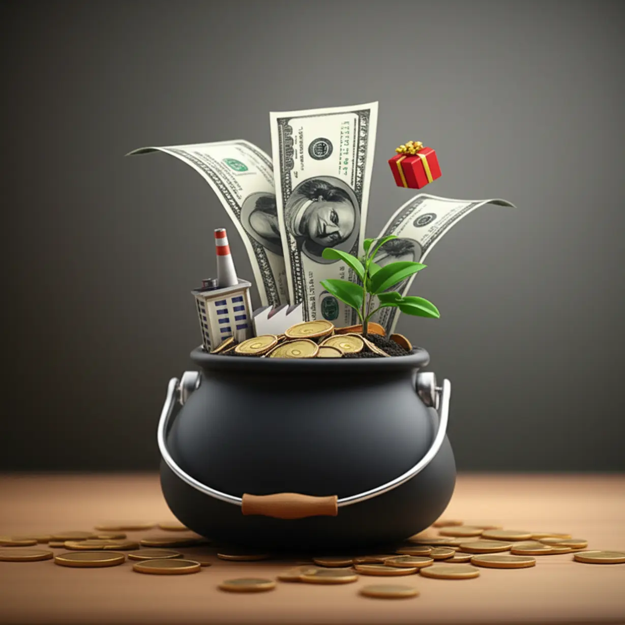 다양한-소득원이-한곳으로-모여-큰-부를-이루는-3D-이미지.-상위-1%-부자들의-근로,-사업,-재산-소득-구조를-시각적으로-보여주며-자산-증식의-중요성을-강조합니다.