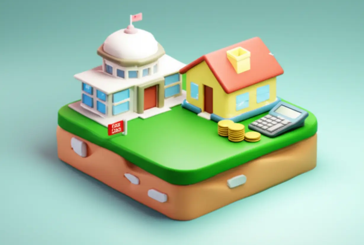 중앙에-빛나는-땅-모형-주변에-정부-건물,-주택,-계산기,-동전-등-다양한-물건들이-놓인-그림.-표준지공시지가가-세금,-공공사업,-개인-거래-등-여러-방면에서-활용됨을-보여줍니다.