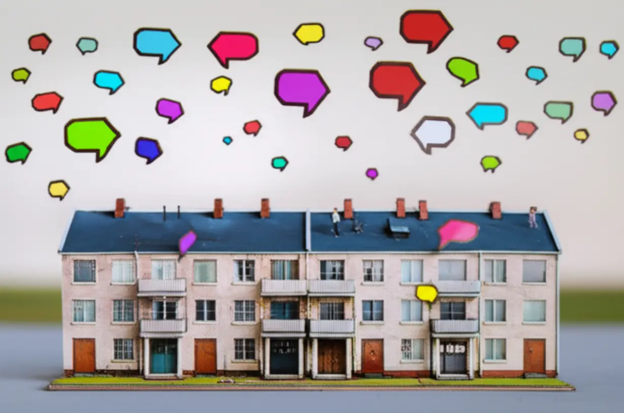 수많은-의견을-나타내는-다채로운-생각-거품이-떠다니는-귀여운-3D-아파트-단지-미니어처.-대치동-은마아파트-재건축의-복잡한-이해관계와-긴-기다림의-이유를-보여줍니다.
