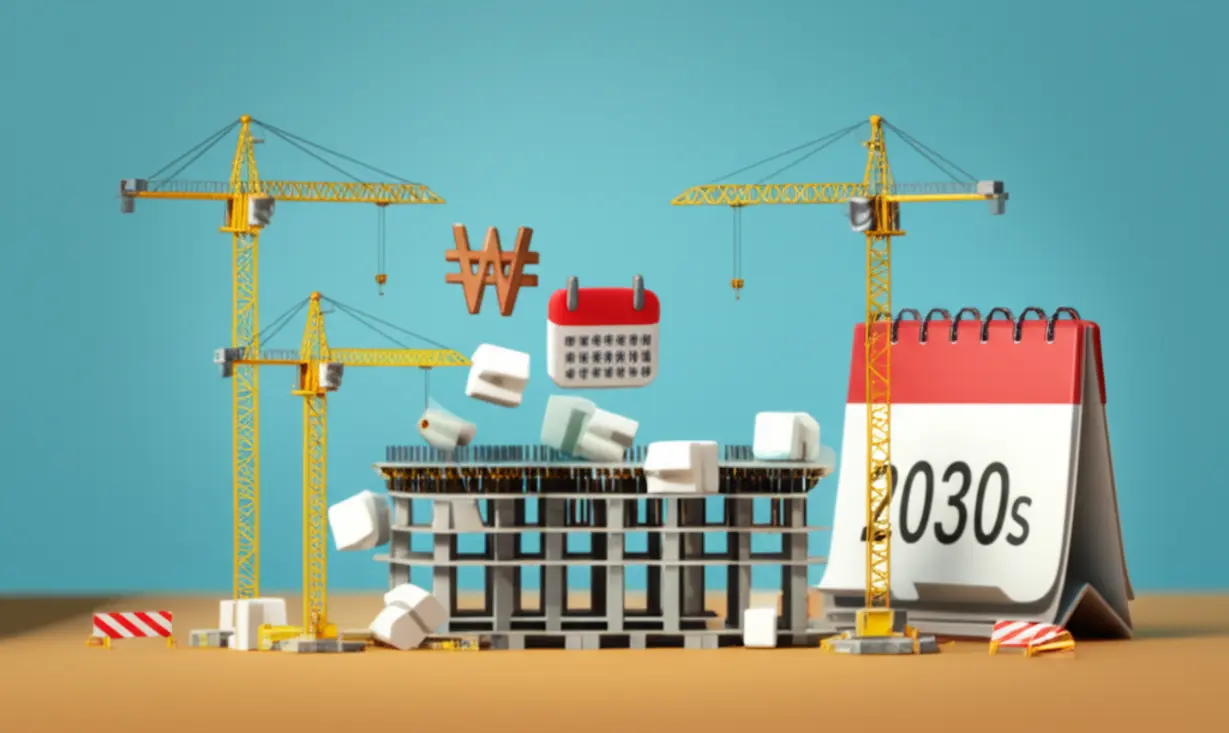 작은-건설-현장과-미래-날짜,-돈-표시를-보여주는-귀여운-3D-미니어처.-은마아파트-재건축-과정에서-남은-복잡한-과제와-긴-건설-기간,-그리고-비용-문제를-시각적으로-보여줍니다.