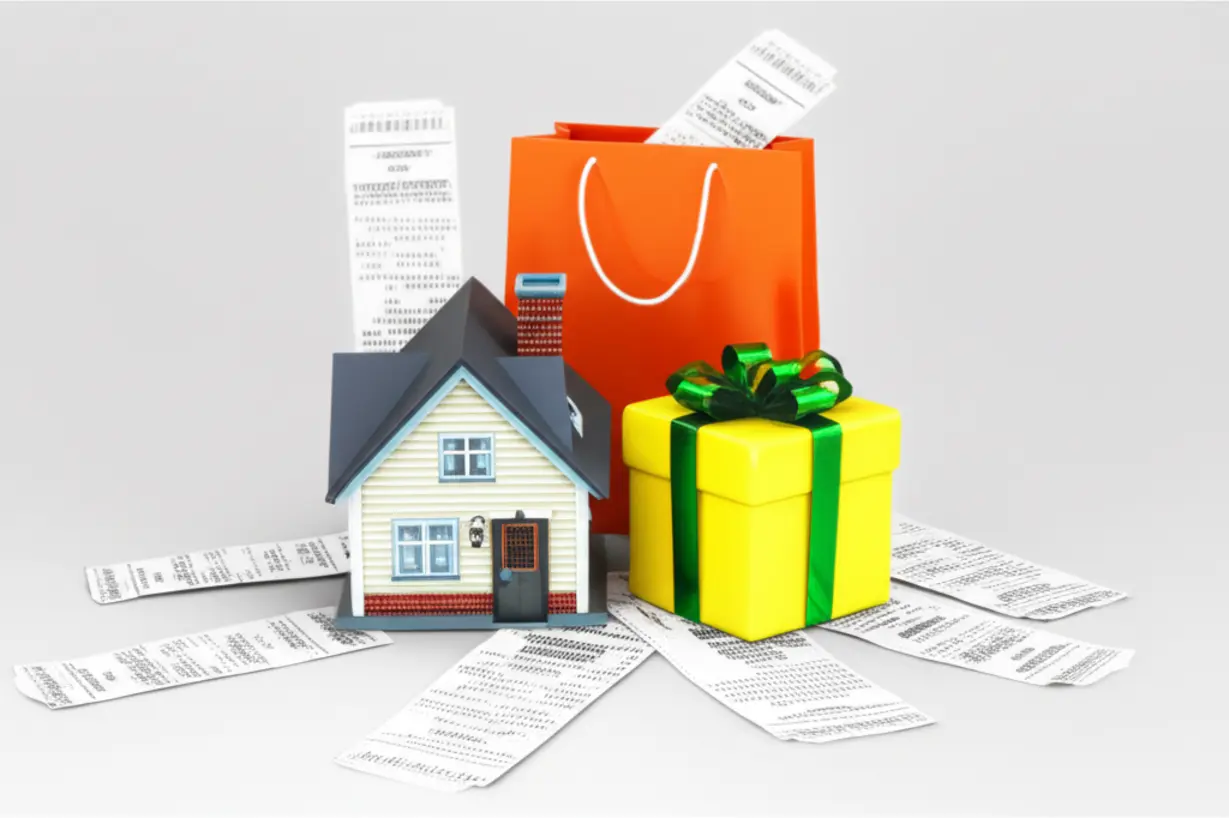 월세,-상품권,-쇼핑백-등-일상-속에서-현금영수증을-놓치기-쉬운-곳들을-강조하는-다양한-물건들과-영수증,-똑똑한-절세-습관을-위한-3D-이미지