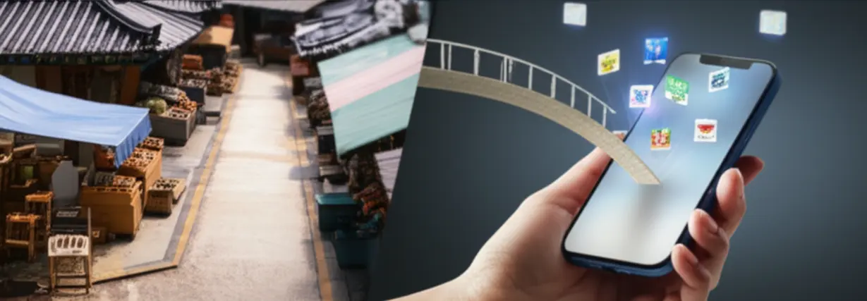 과거-전통-시장과-현재-온라인-쇼핑을-대비시킨-3D-일러스트.-상권-변화의-흐름과-디지털-소비-트렌드를-보여주는-이미지.-상가-투자-전-알아야-할-핵심-요소.