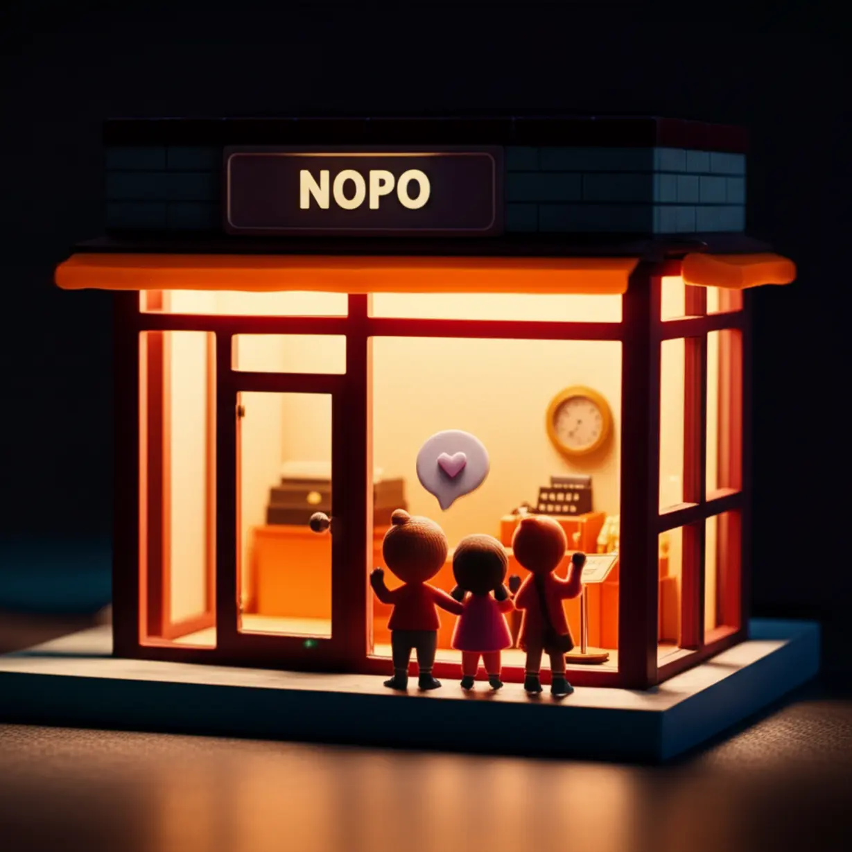 따뜻한-분위기의-노포-상점과-그-앞에서-행복해하는-가족의-3D-일러스트.-상가의-