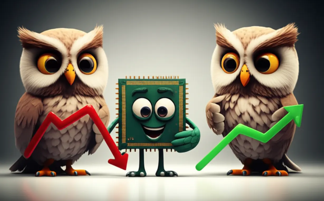 엔비디아-주가에-대한-긍정적,-부정적-전문가-의견을-나타내는-귀여운-3D-올빼미와-반도체-칩-이미지,-월가-주식-분석.