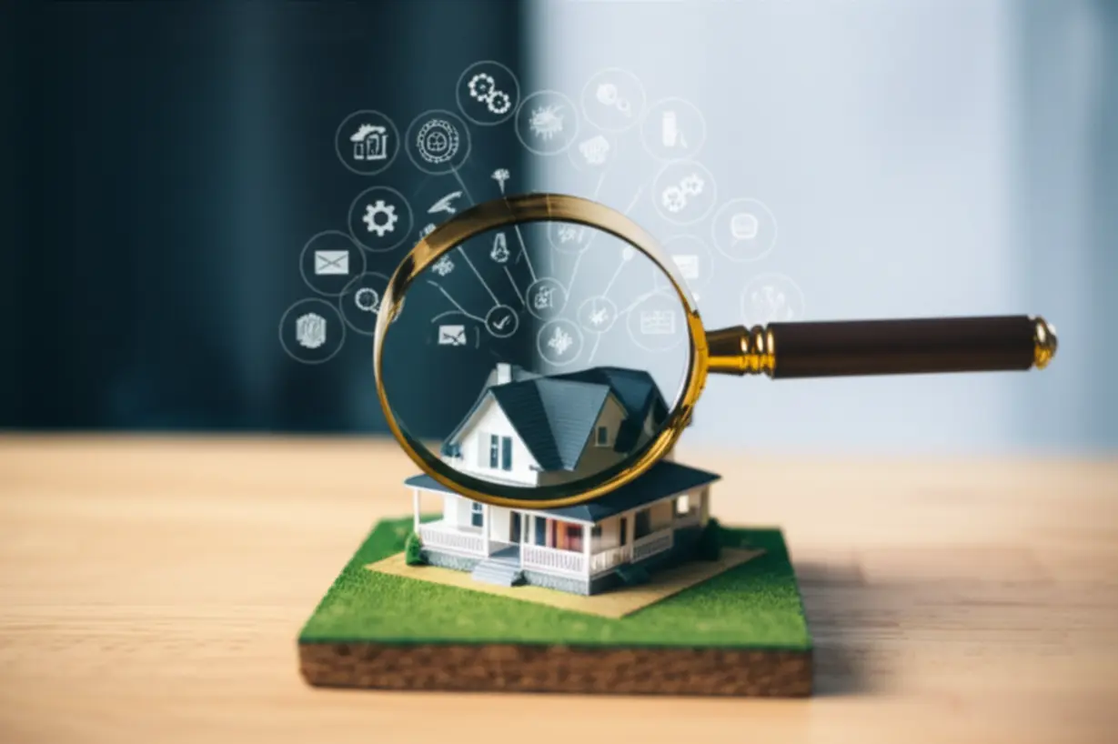 돋보기가-작은-집과-땅-모형-위에-놓여있는-3D-이미지.-다양한-공제-요소가-결합되어-상속세-면제한도가-최종적으로-어떻게-결정되는지-보여주며,-부동산-상속-재산-확인의-중요성을-강조합니다.