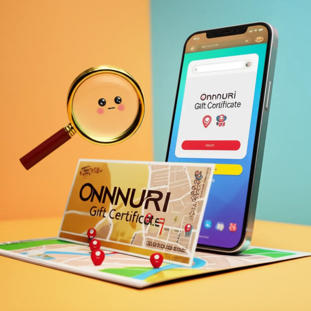 온누리상품권-사용처를-검색하는-모습을-귀엽게-표현한-3D-이미지,-지도와-스마트폰-앱으로-가맹점을-쉽게-찾는-방법을-나타냅니다.