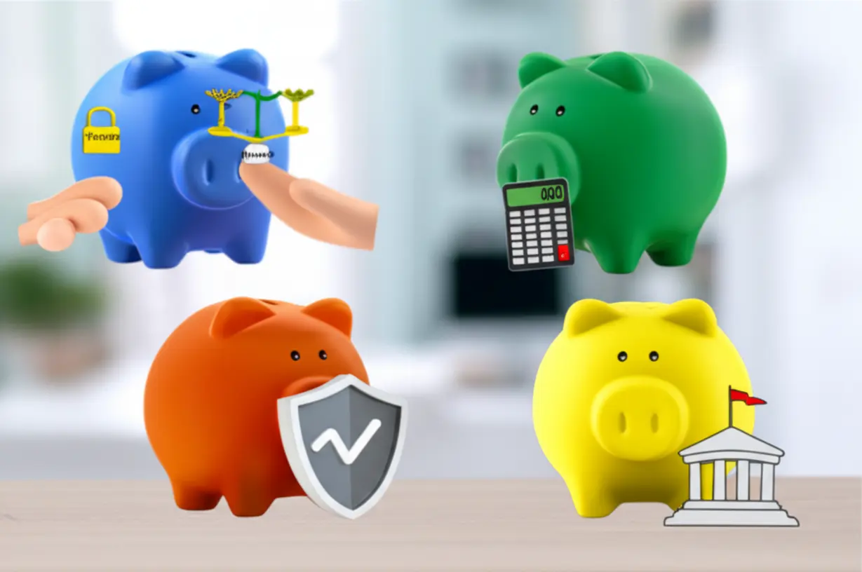 네-가지-색깔의-귀여운-돼지-저금통들이-모여-있는-3D-이미지.-주택담보대출-고정금리를-선택하는-주요-이유-네-가지를-상징적으로-보여줍니다.