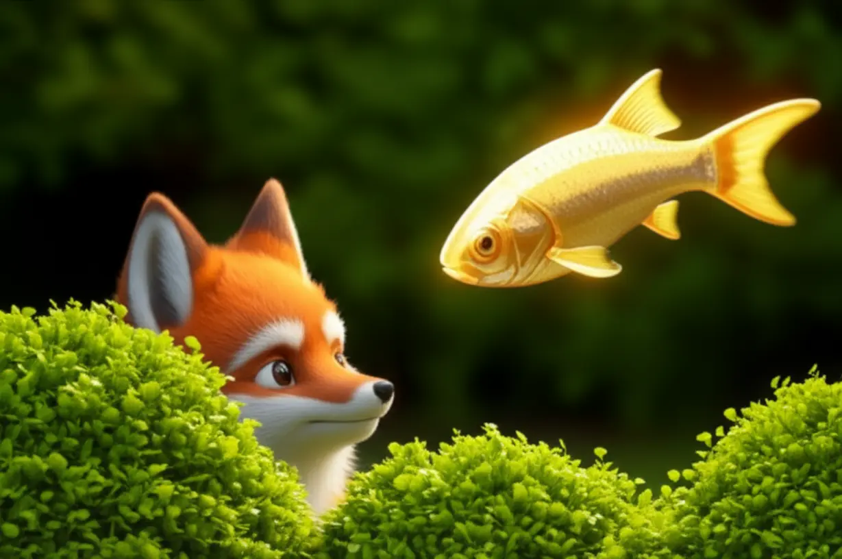 수풀-뒤-여우가-황금-물고기를-지켜보는-모습.-사조오양처럼-상장폐지-위험이-있는-기업을-미리-파악하는-현명한-투자를-상징하는-이미지.
