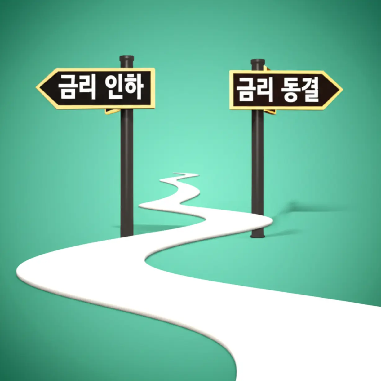 향후-기준금리-전망을-보여주는-귀여운-3D-이미지.-금리-인하와-동결-방향을-가리키는-두-갈래-길-표지판이-있어-앞으로의-금리-정책-변화에-대한-기대와-궁금증을-유발합니다.