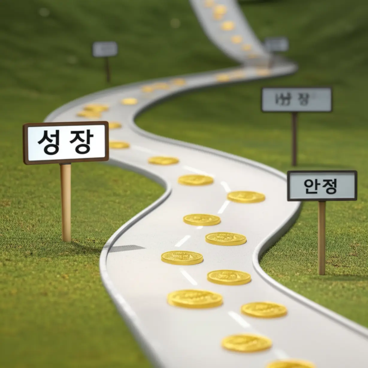 콜마홀딩스-주가와-경영권의-미래를-보여주는-갈림길과-성장-표지판-3D-이미지.-앞으로의-투자-방향을-예측하는-그림.