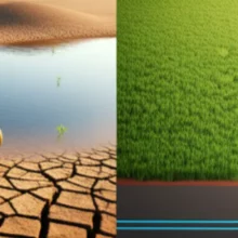 귀여운-3D-일러스트로-표현된-강릉의-텅-빈-오봉저수지와-마른-땅,-그리고-그와-대조적으로-물이-풍부한-속초의-지하댐과-푸른-풍경을-보여주는-이미지.-강릉-가뭄과-물-부족-문제,-속초의-성공적인-수자원-관리를-시각적으로-대비하여-설명합니다.