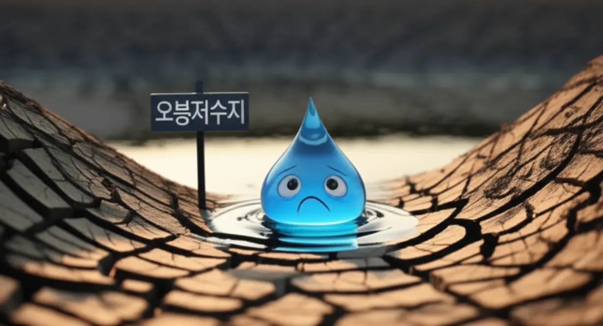 귀여운-3D-물방울-캐릭터가-거의-마른-오봉저수지에서-쓸쓸하게-앉아-있는-모습.-강릉의-심각한-가뭄과-오봉저수지의-낮은-저수율로-인한-물-부족-위기를-보여줍니다.