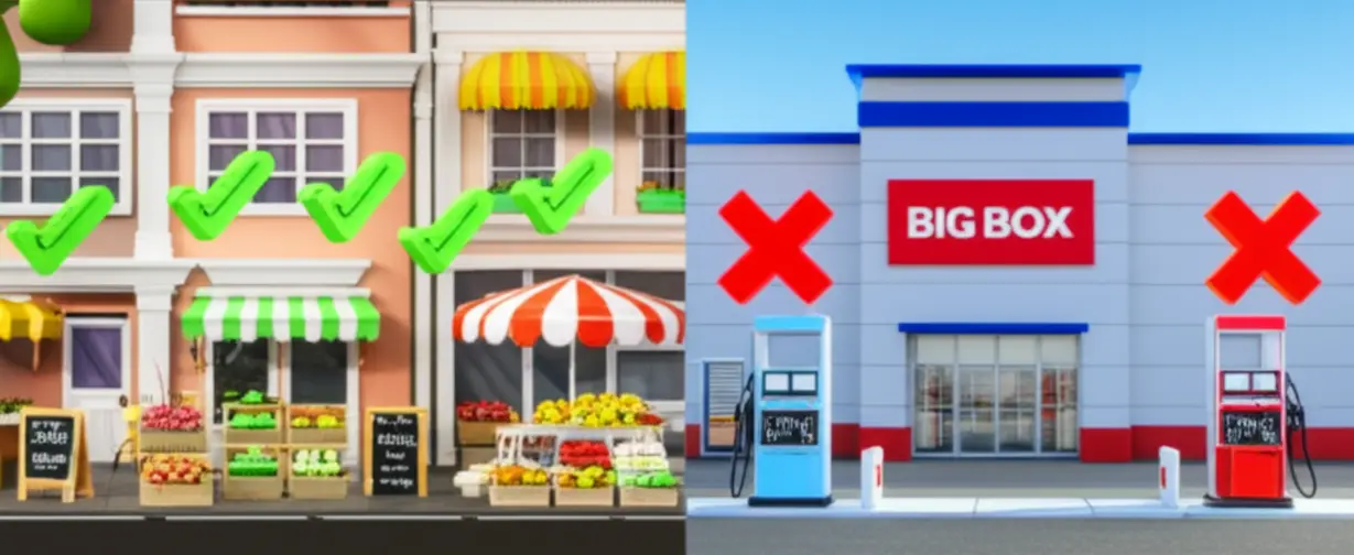 지역사랑상품권-사용-가능한-전통시장,-소상공인-가게와-사용-불가한-대형마트,-주유소-등을-나타내는-그림.-(A-picture-showing-traditional-markets-and-small-businesses-where-local-love-gift-certificates-can-be-used,-and-large-marts-and-gas-stations-where-they-cannot.)