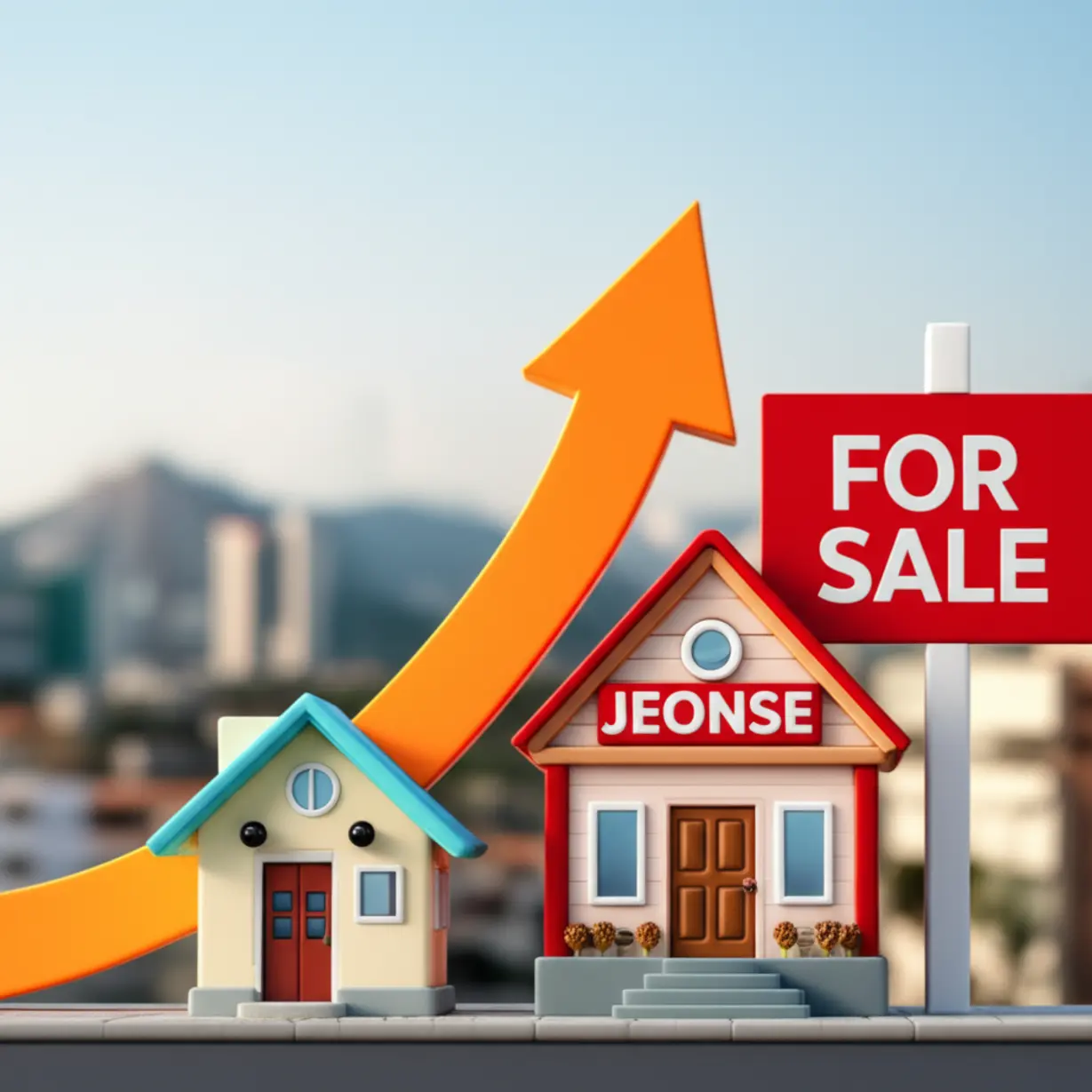 김해-아파트-전세가-매매가-영향-3D-이미지.-전세-가격-상승이-매매가격을-끌어올리는-현상을-귀여운-집과-화살표로-표현하여-김해-부동산-시장의-연관성을-보여줍니다.